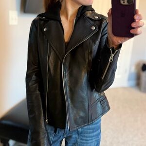 Mackage Black Leather Moto Jacket w/ Hood XS | $850 Retail | Excellent
